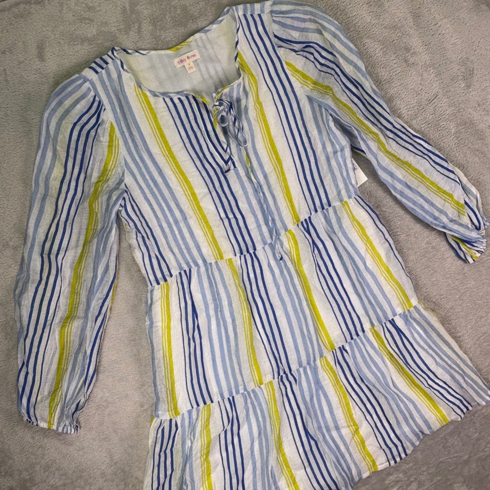 Riley & Rae Womens Striped Tiered Long Sleeve Mini Dress Sz‎ S Blue Yellow NWT